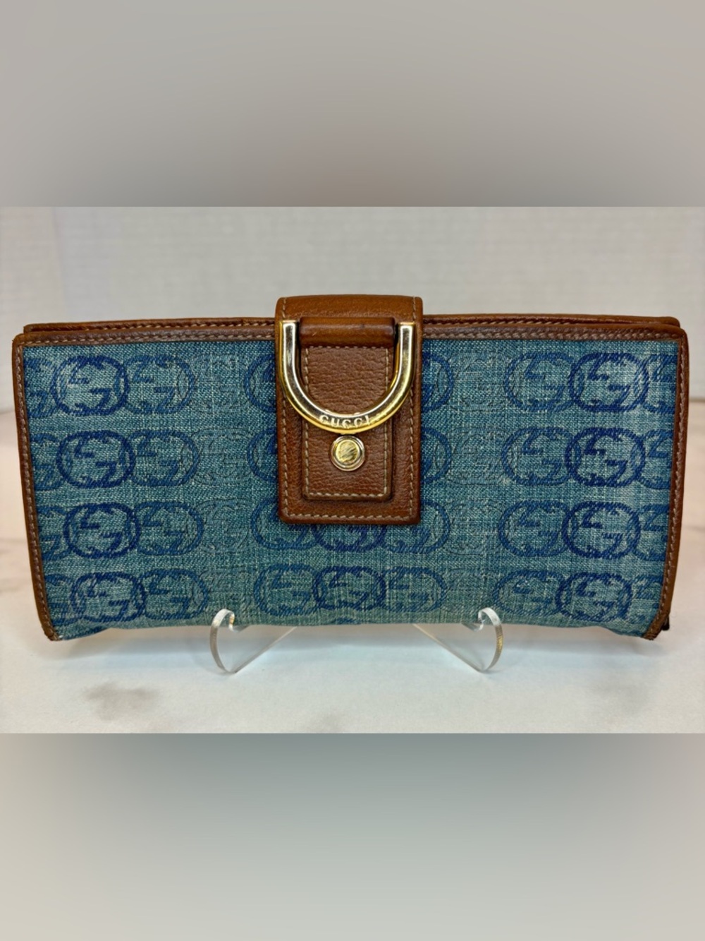 Gucci Abbey GG Denim Continental D Ring  Wallet